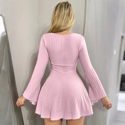 Dresses Women Blush Ribbed Bell-Sleeve Mini Dress Casual Date Party Street Daily 2026 Trendy Solid Multi Color Nuevo Estilo