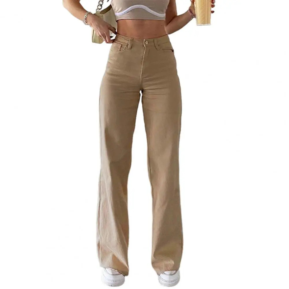 Women Jeans with Pockets High Waist Button Zipper Closure Straight Pants Vintage Denim Trousers for Daily Wear Scool Commuting