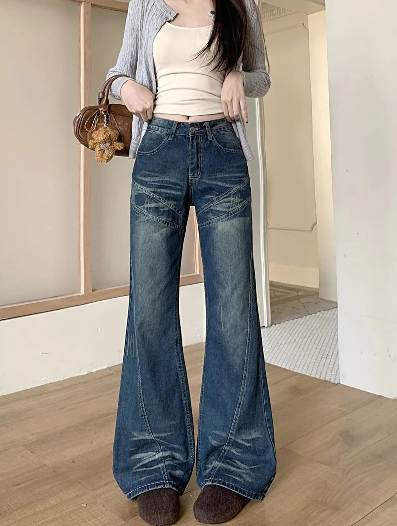 Woman High Waist Vintage Flare Jeans Korean Fashion Slimming Washed Denim Pants Women Y2K 2000S Streetwear Wide Leg Trousers