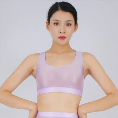 Women's Yoga Fitness Tops Sexy Candy Color UltraShort Crop Fashion Vest V Neck Oil Glossy Silky Smooth Elastic Tight Tanks Tees