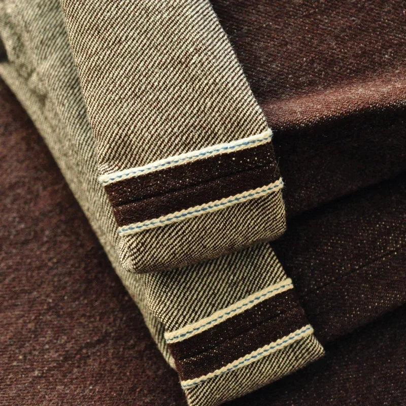 Saucezhan Men Jeans Brown Jeans Men Jeans Trousers  Selvedge Denim Jeans for Men Taper Fit Mens Jeans vintage 13.8 Oz