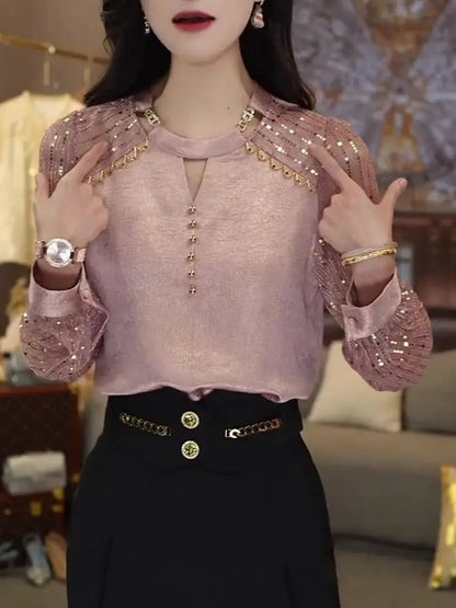 Women's High End Fashion Design with Unique and Shiny Pink Slimming and Versatile Light and Mature Top for Autumn Casual Tops