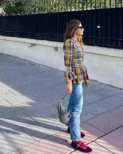 Women's Tops Vintage Plaids Elastic Pleated T Shirt Casual O Neck Long Sleeves Ruffles Hem Top Spring Chic Lady High Street Wear