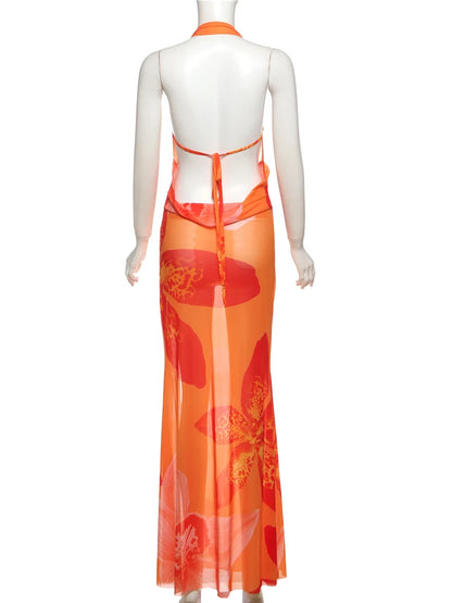 Sisterlinda Print Slim Halter Cleavage Backless Long Dress Women Sexy Popular Body-shaping Vestidos Girl Festival Party Bodycon