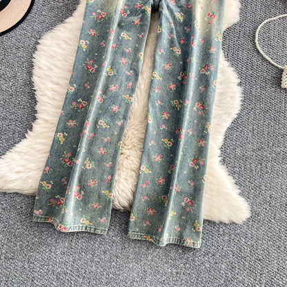 Women's Fashion Floral Print Denim Pants Colorful Flower Wide Leg Trousers Female Spring Autumn Versatile High Waist Blue Jeans