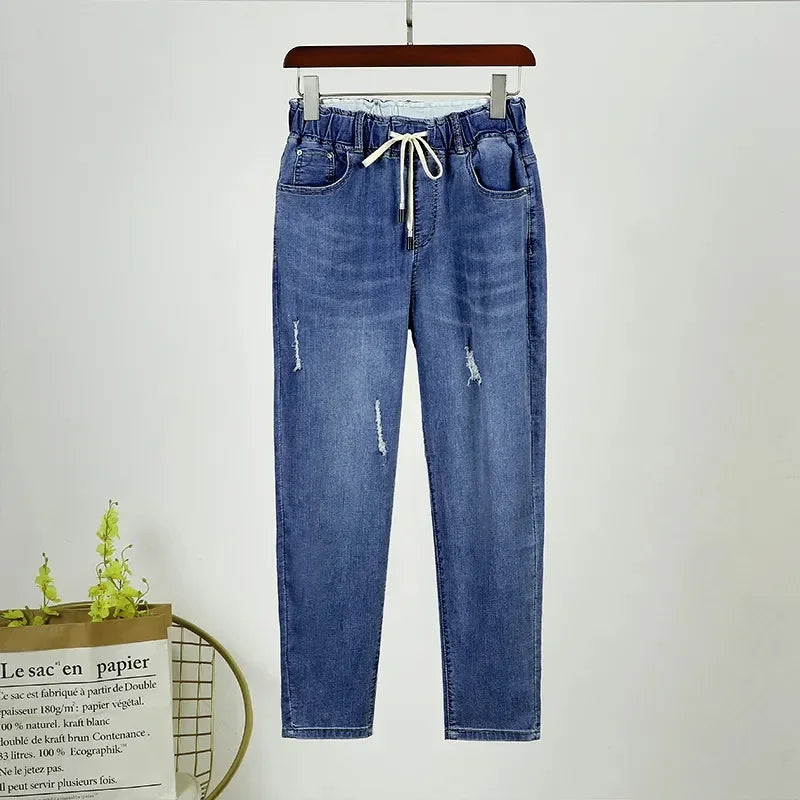 2025 Fashion Women's Jeans Spring Autumn Denim Harem Pants Loose Large-size Elastic-waist Vintage Casual Trousers Female Jeans