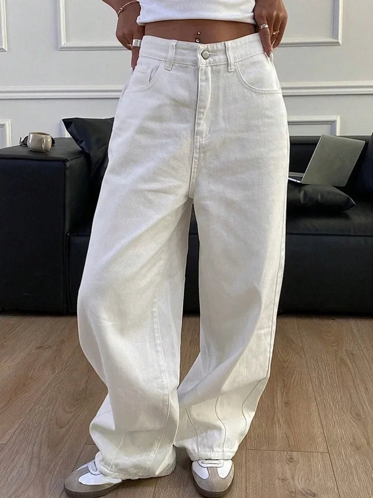 2025 New Loose Jeans Fashion Women High Waist Pocket White Solid Retro Wide Leg Denim Pants Casual Office Lady Commute Trousers