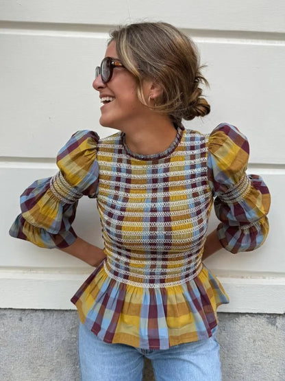 Women's Tops Vintage Plaids Elastic Pleated T Shirt Casual O Neck Long Sleeves Ruffles Hem Top Spring Chic Lady High Street Wear