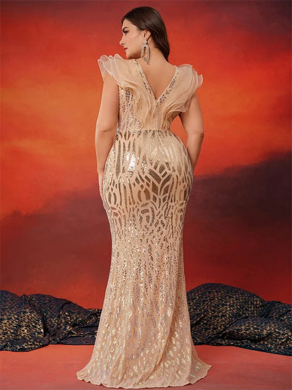 Lucyinlove Plus Size Elegant Gold Evening Dresses Women Luxury Ruffle Sleeve Mermaid Formal Sequins Wedding Party Cocktail Gowns
