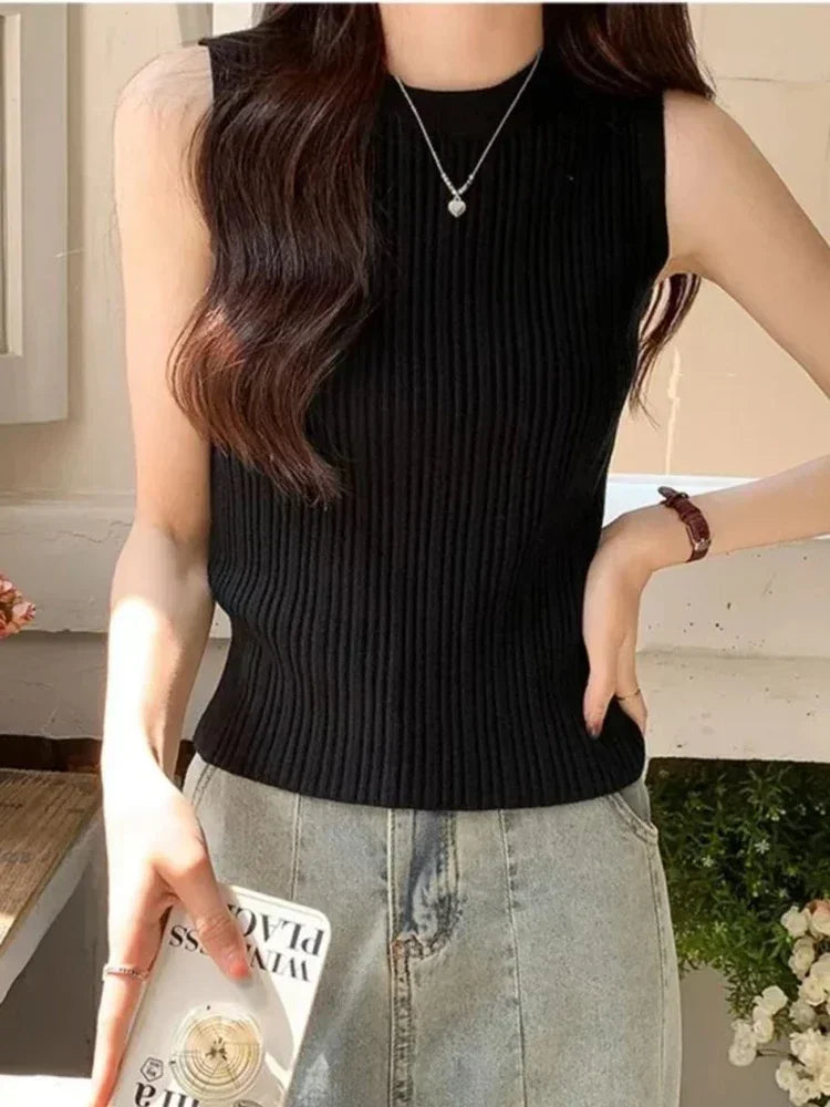 Sleeveless Blouse Shirt Women O-neck Rib Knit Vest Tank Plain Vest Tops Summer Female Basic Casual Tops Outfit