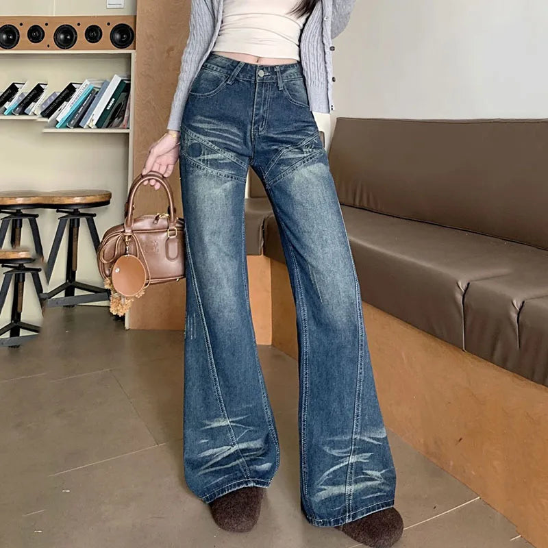 Woman High Waist Vintage Flare Jeans Korean Fashion Slimming Washed Denim Pants Women Y2K 2000S Streetwear Wide Leg Trousers