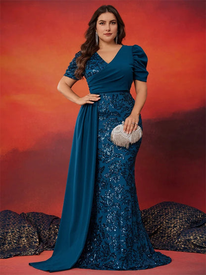 Lucyinlove Plus Size Elegant Short Sleeve Sequins Formal Evening Dresses Women Luxury Mermaid Wedding Party Bridesmaid Gowns