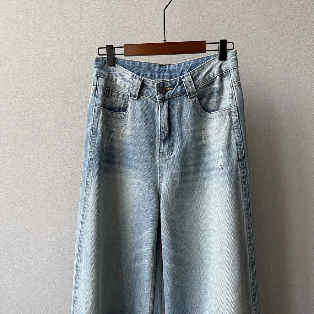 Women's Retro High-waisted Wide-leg Jeans  Loose  Slimming  Drapey  Casual Floor-length Pants for Autumn and Winter