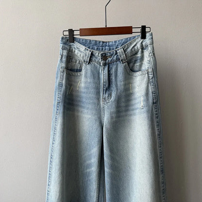 Women's Retro High-waisted Wide-leg Jeans  Loose  Slimming  Drapey  Casual Floor-length Pants for Autumn and Winter