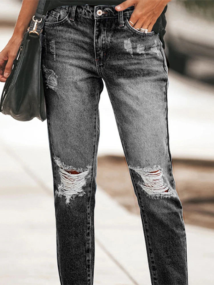 Casual Straight Jeans Women High Waisted Washed Skinny Ripped Slim Denim Pants 2025 Autumn Fashion Trend Commute Lady Trousers