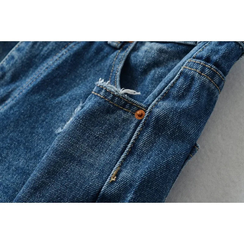 Women's Destroyed Jeans 2025 Spring Summer High Waist Loose Leg Floor-Length Distressed Denim Vintage Daily Staple