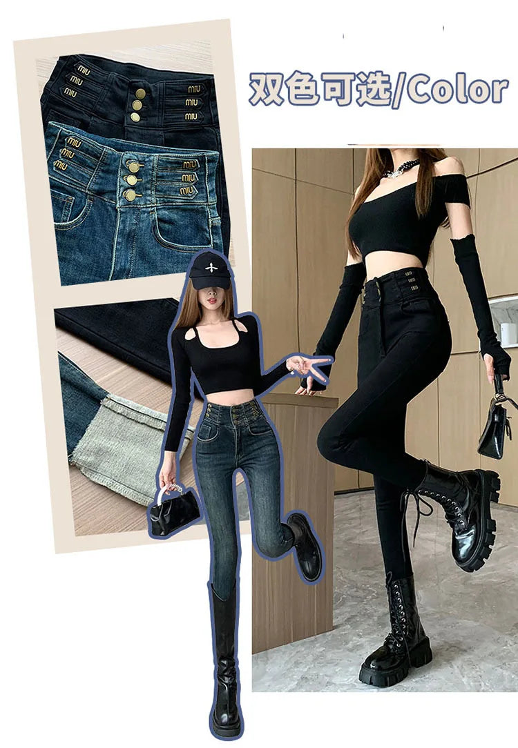 winter warm thick fleece woman's jeans with high waist jeans woman mom jeans women's jeans for women jean femme clothe black