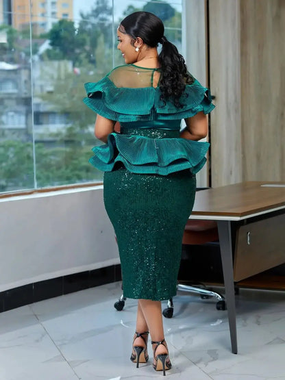 2026 New Plus Size European African Evening Dress Turkish Sequin Ruffle Long Dress Women Elegant Wedding Party Gown