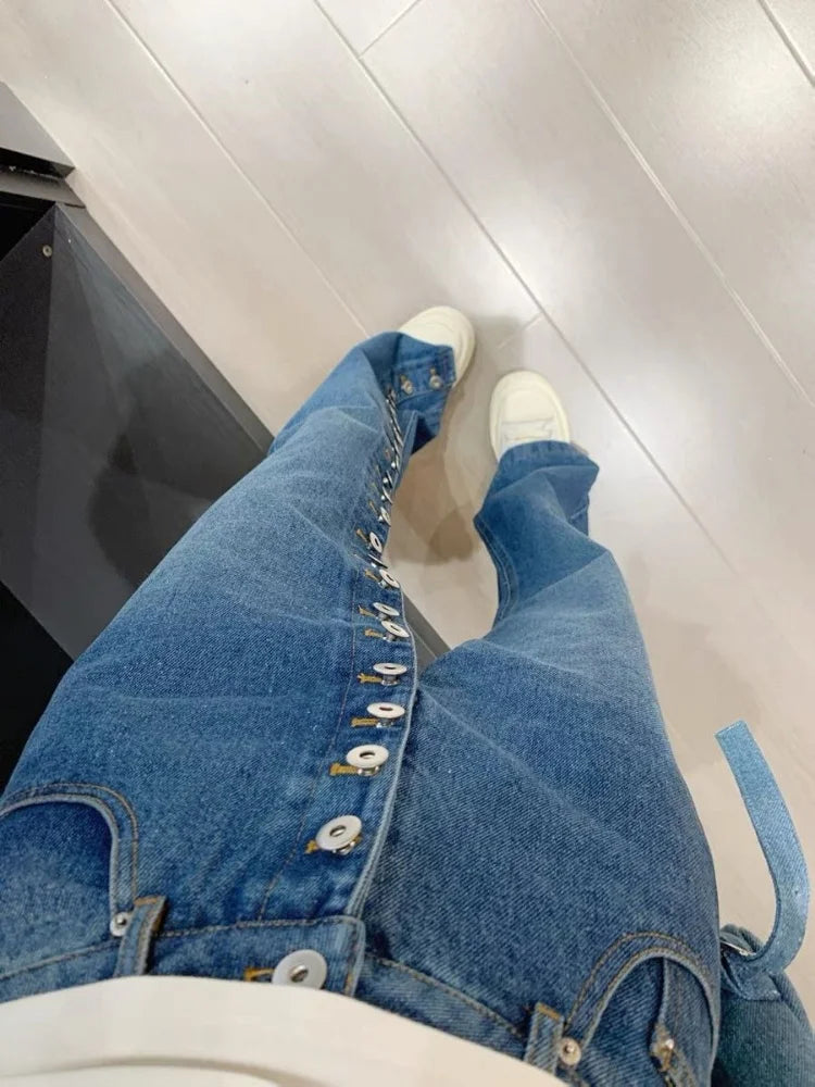New Fashion Retro Design Multi Button Jeans For Women Slim High Waisted Straight Leg Wide Leg Pants