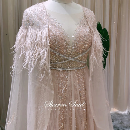 Sharon Said Dubai Luxury Silver Grey Evening Dresses with Feather Cape Shawl Arabic Women Wedding Party Formal Prom Dress SS147