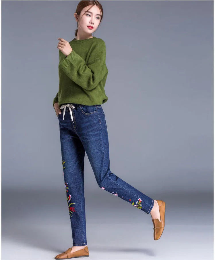 Brand Embroidery Jeans Womens Light Blue Elastic Waist Denim Pants High Waist Straight Leg Cropped Cut Jeans Spring Female