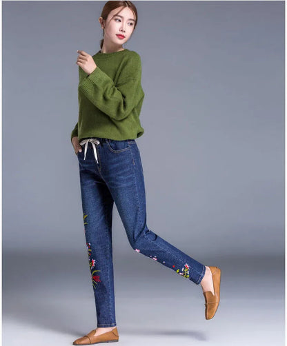 Brand Embroidery Jeans Womens Light Blue Elastic Waist Denim Pants High Waist Straight Leg Cropped Cut Jeans Spring Female
