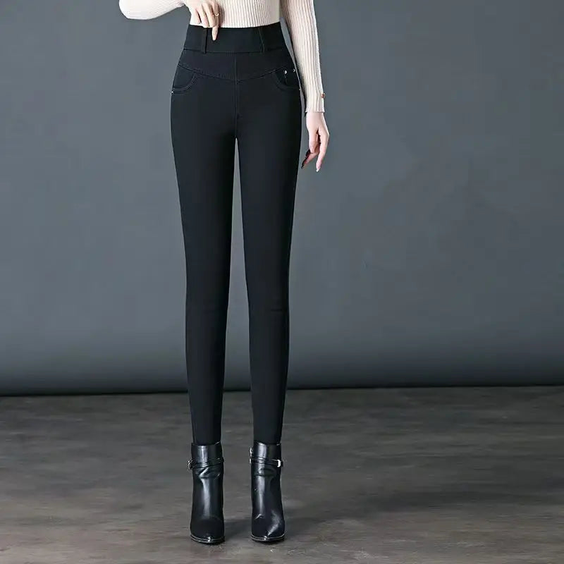 Elastic Waist Jeans Women New Fashion High-waist Stretch Pants Versatile Casual Pencil Solid-color Trousers