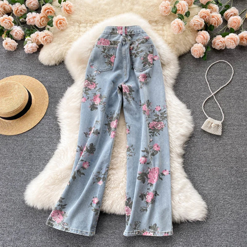Flowers Print Jeans Women Vintage High Waist Denim Long Pants 2025 Fashion Autumn Casual Wide Leg Full Length Denim Trousers