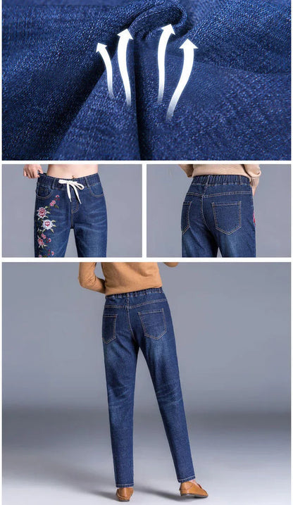 Brand Embroidery Jeans Womens Light Blue Elastic Waist Denim Pants High Waist Straight Leg Cropped Cut Jeans Spring Female