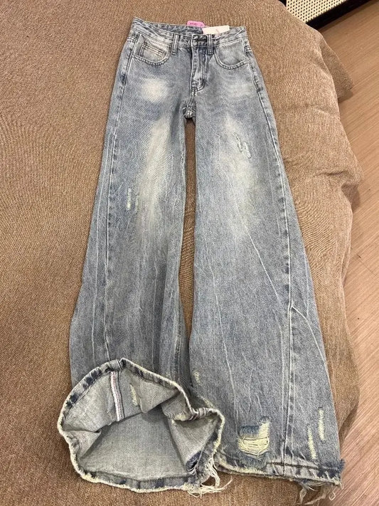Baggy Jeans Women Clothing Street Retro Washing and Aging Ripped Jeans for Women Casual Wide-leg High Waisted Jeans Woman Pants