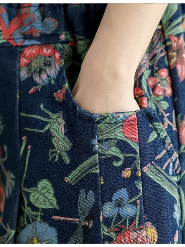 Jeans Flower Floral Print Autumn Wide Leg Pant Women Loose Pleated Fashion Ladies Oversized Trousers Elastic Waist Woman Pants