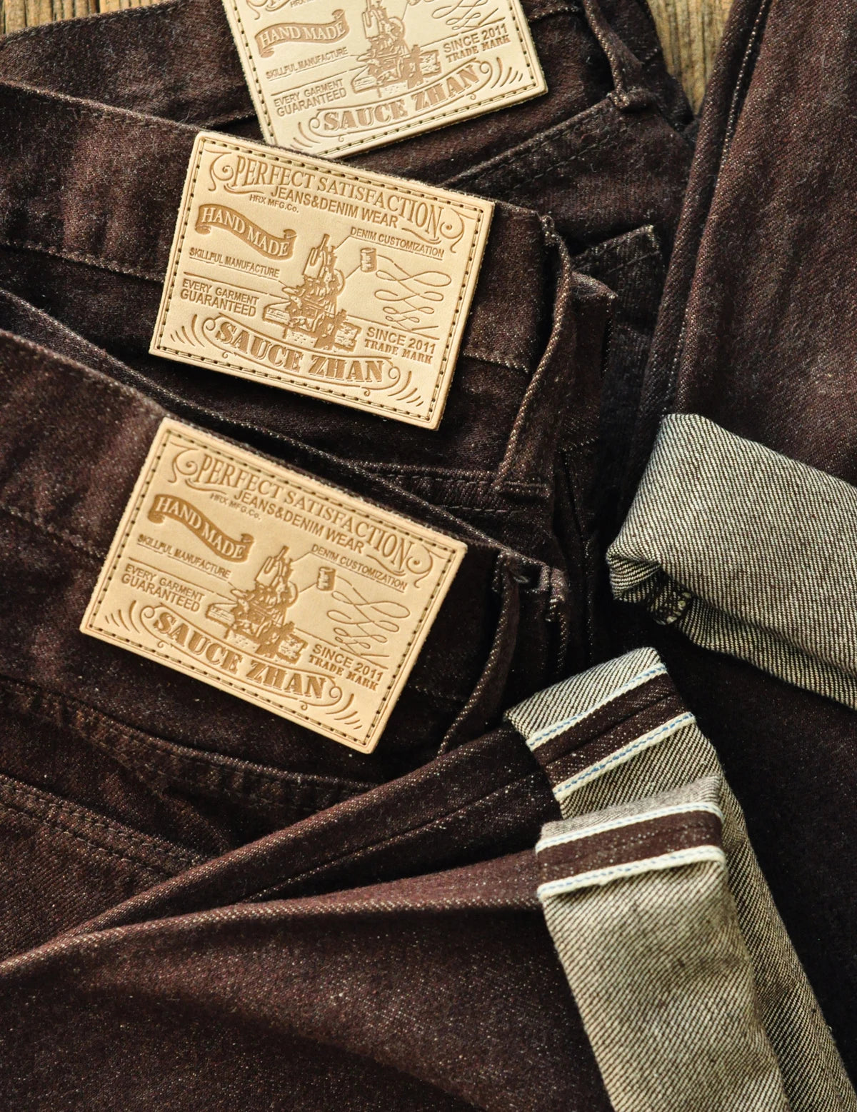 Saucezhan Men Jeans Brown Jeans Men Jeans Trousers  Selvedge Denim Jeans for Men Taper Fit Mens Jeans vintage 13.8 Oz