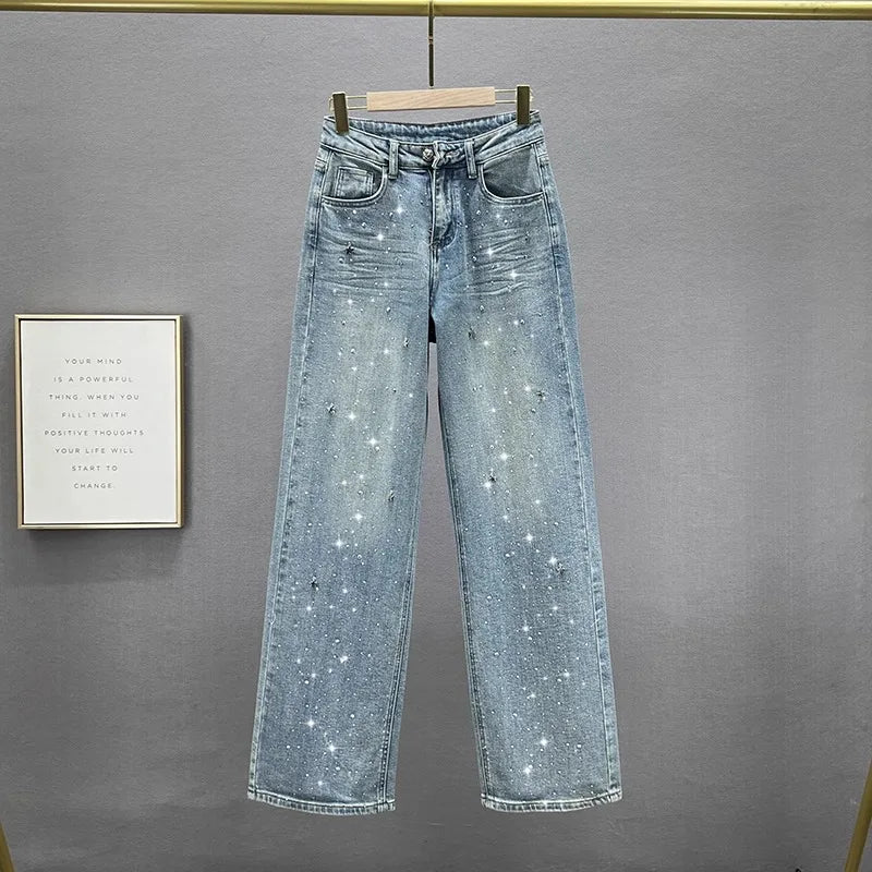 Fashion Women Blue Jeans High Waist Diamond Studded Straight Denim Pants Spring Summer Female Chic Trousers
