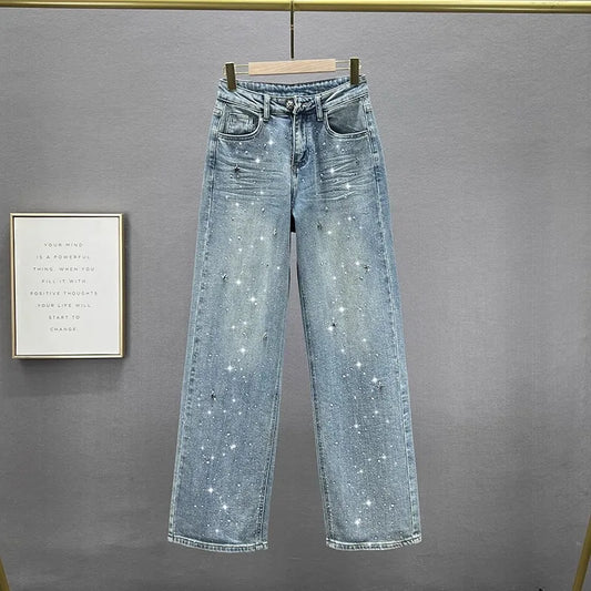 Fashion Women Blue Jeans High Waist Diamond Studded Straight Denim Pants Spring Summer Female Chic Trousers
