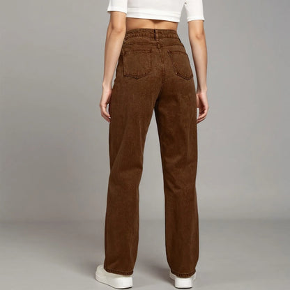 Women'S Straight Jeans Solid Color Distressed High Waist Design Retro Trousers American Hot Girl Style Pants Daily Street Wear