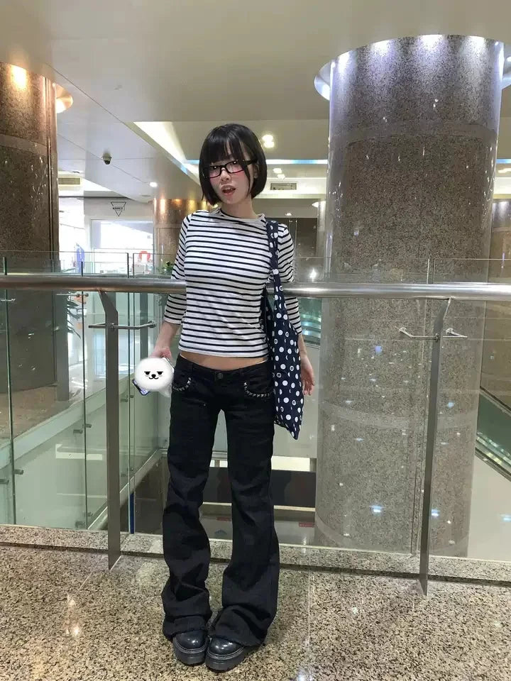 Women Vintage Black Low Rise Flared Jeans Denim Pants American Retro Rivet Slim 90s Bell Bottom Y2k Harajuku Kpop Trousers