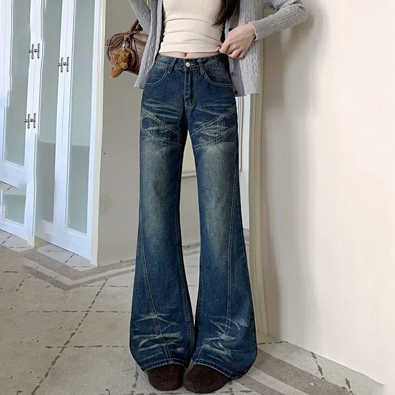 Woman High Waist Vintage Flare Jeans Korean Fashion Slimming Washed Denim Pants Women Y2K 2000S Streetwear Wide Leg Trousers