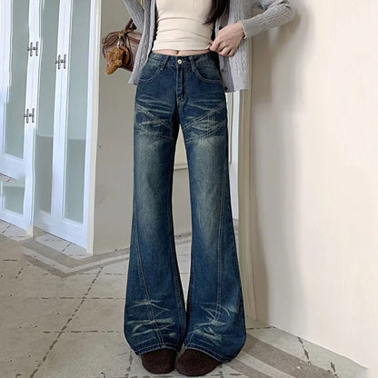 Woman High Waist Vintage Flare Jeans Korean Fashion Slimming Washed Denim Pants Women Y2K 2000S Streetwear Wide Leg Trousers