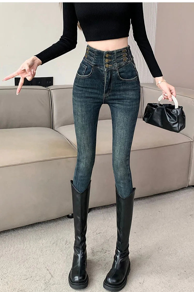 winter warm thick fleece woman's jeans with high waist jeans woman mom jeans women's jeans for women jean femme clothe black