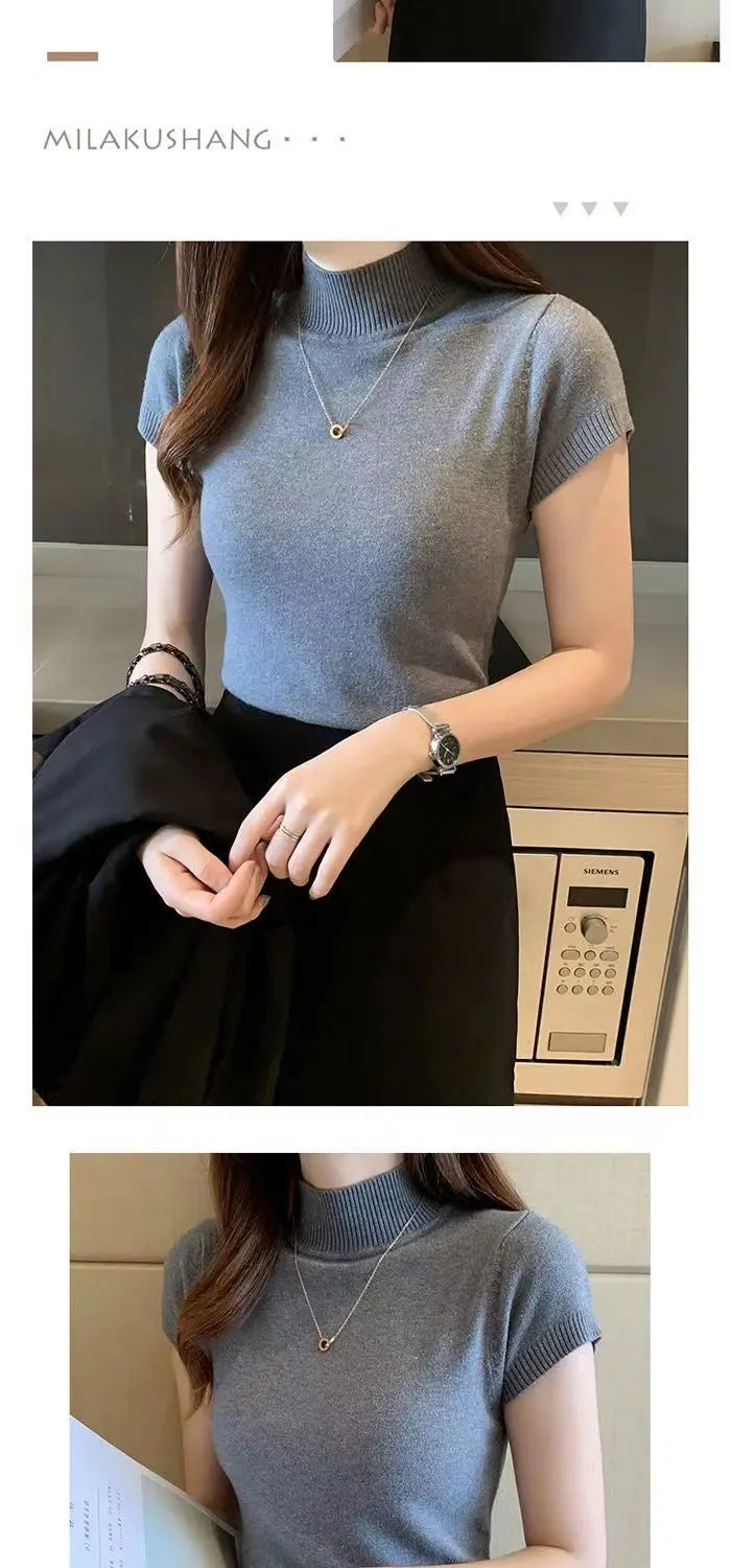 Womens Tops And Blouses Summer Short Sleeve Blouse Women Blusas Mujer De Moda 2023 Turtleneck Knitted Blouse Shirt Tops