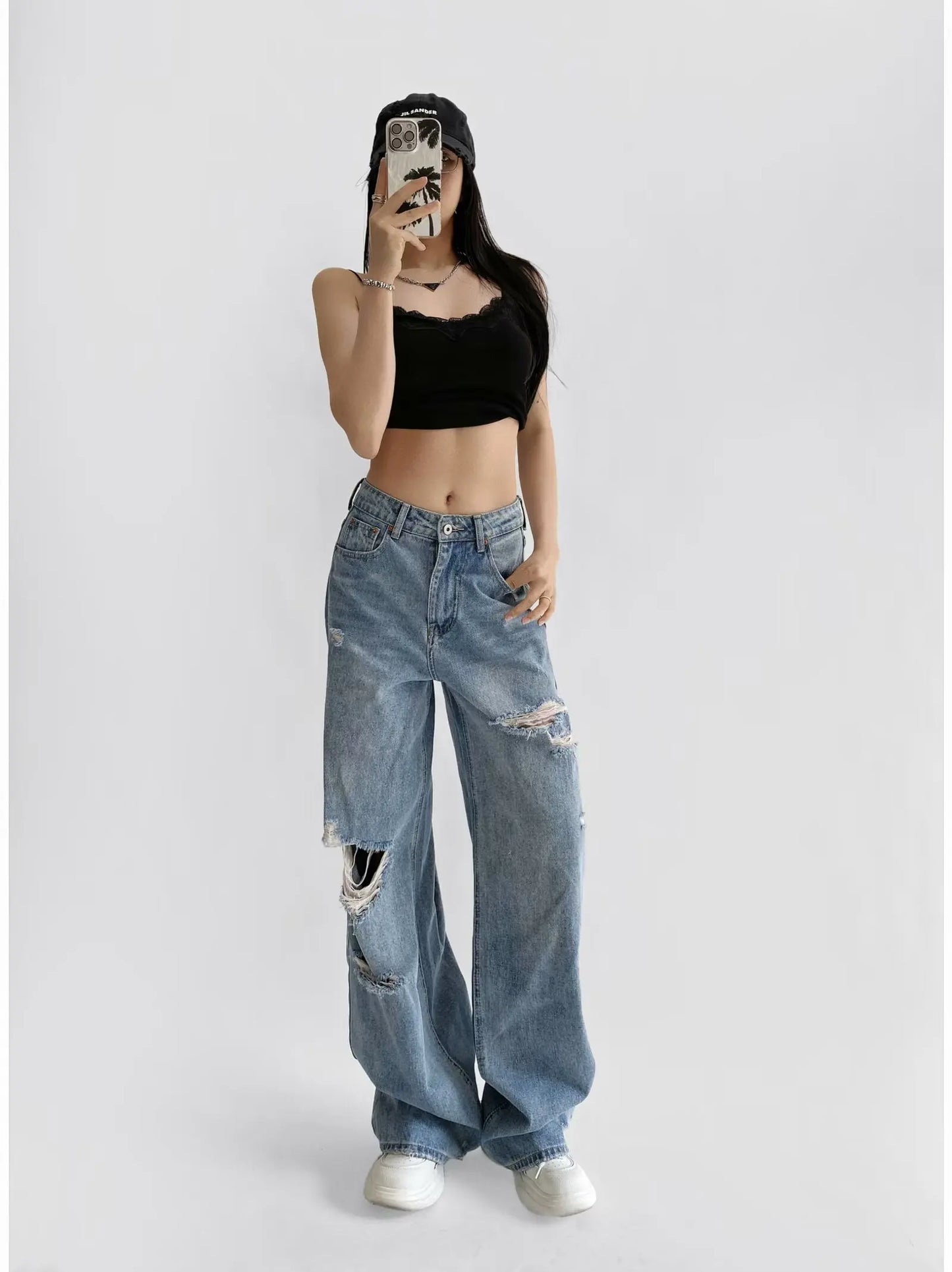 Women's Destroyed Jeans 2025 Spring Summer High Waist Loose Leg Floor-Length Distressed Denim Vintage Daily Staple