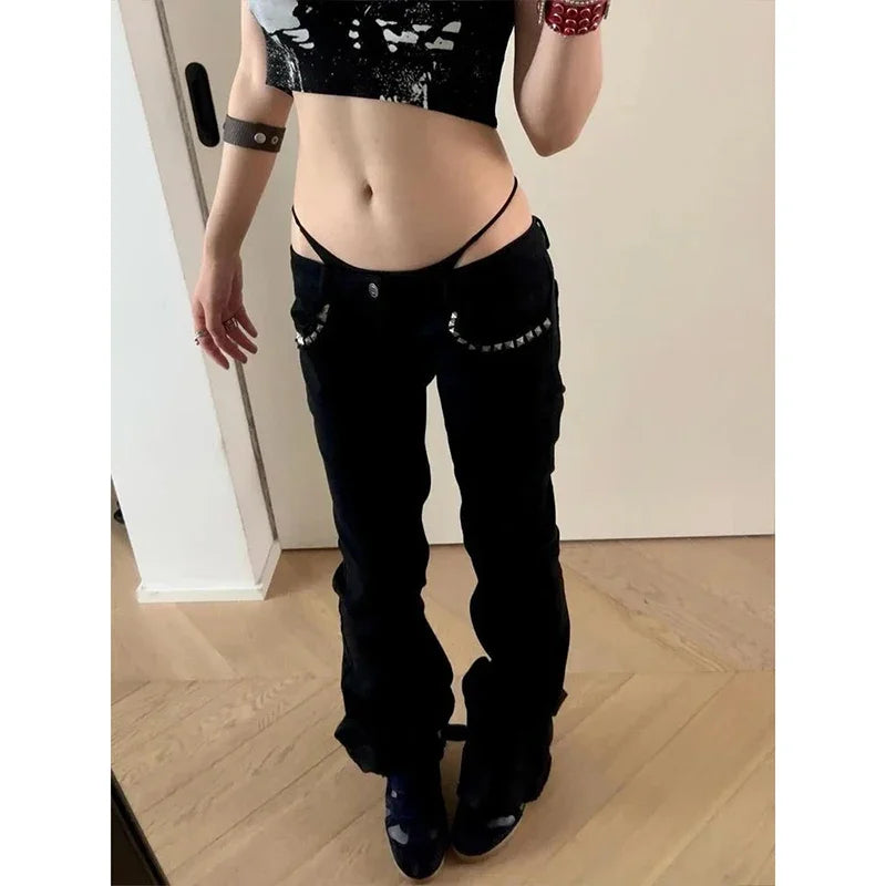 Women Vintage Black Low Rise Flared Jeans Denim Pants American Retro Rivet Slim 90s Bell Bottom Y2k Harajuku Kpop Trousers