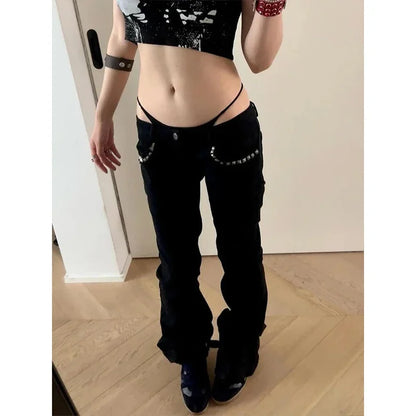 Women Vintage Black Low Rise Flared Jeans Denim Pants American Retro Rivet Slim 90s Bell Bottom Y2k Harajuku Kpop Trousers