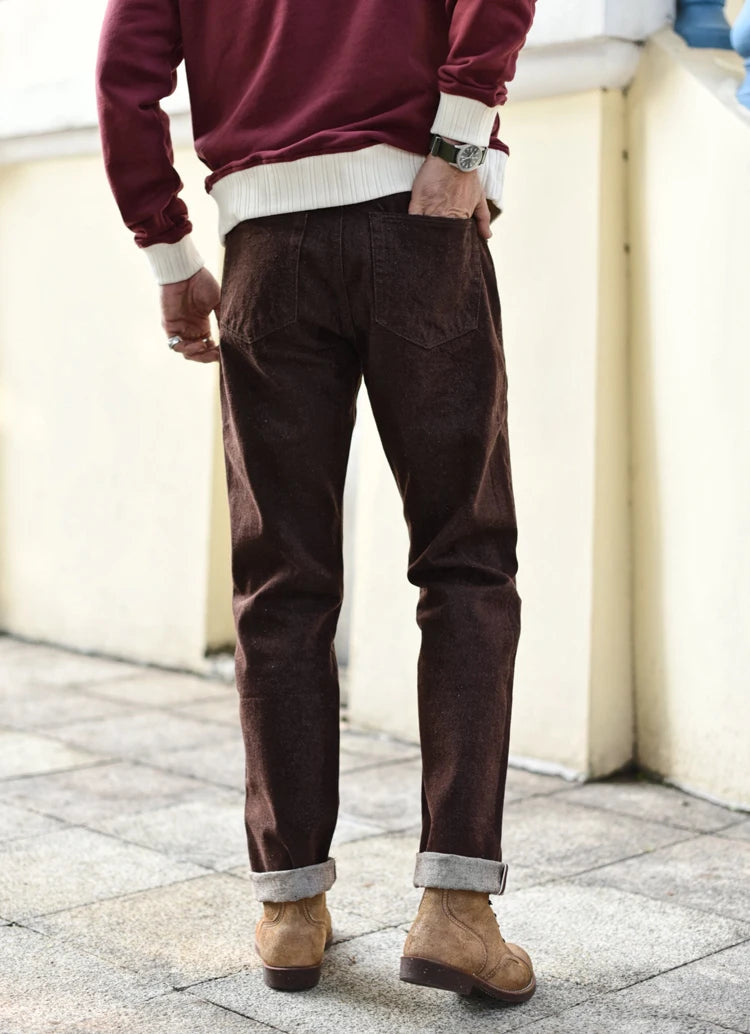 Saucezhan Men Jeans Brown Jeans Men Jeans Trousers  Selvedge Denim Jeans for Men Taper Fit Mens Jeans vintage 13.8 Oz