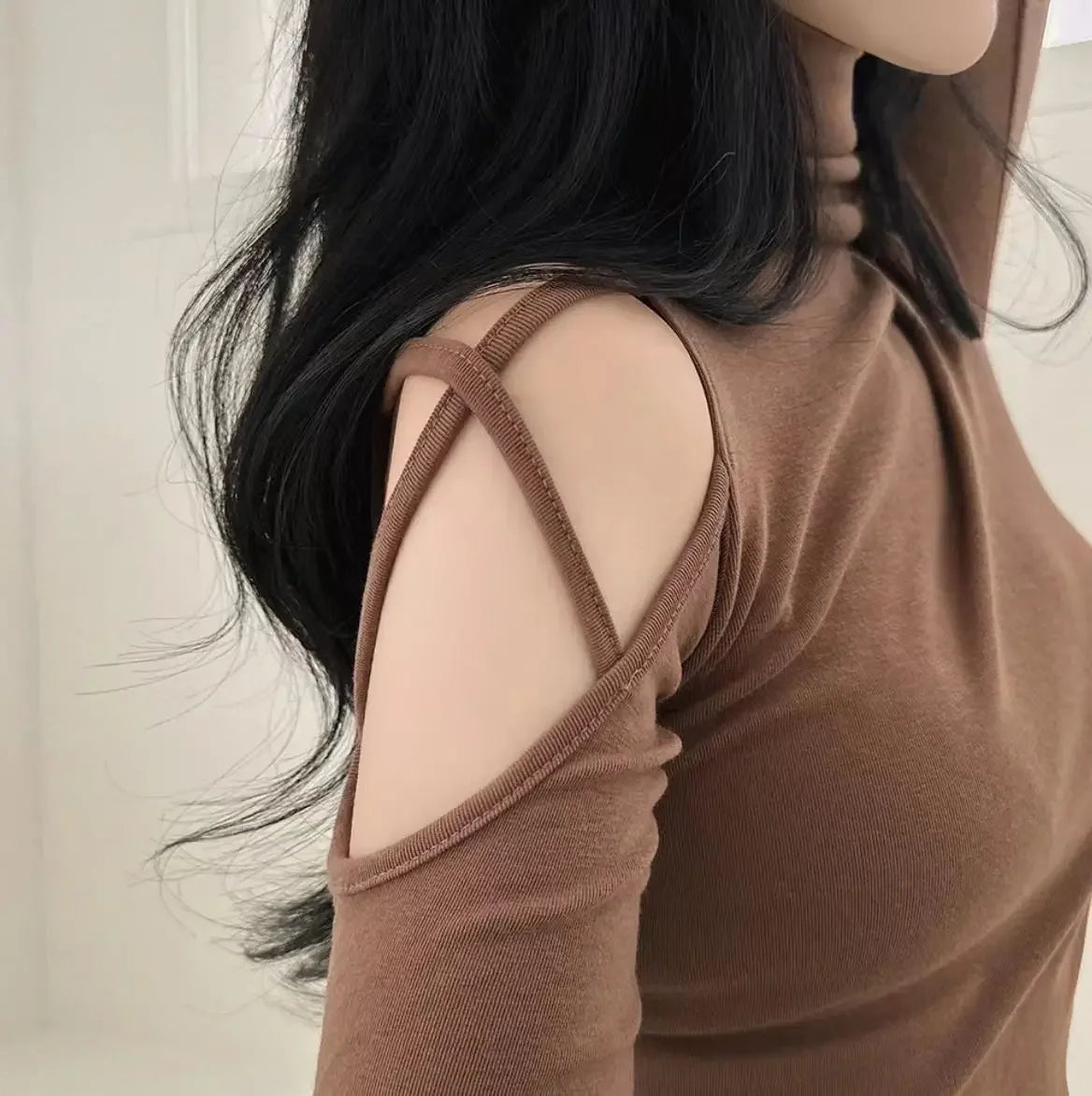 Tops Woman Slim Off Shoulder Sexy Crop Brown Long Sleeve T Shirt for Women Turtleneck Clothing Female Harajuku Fashion Korean