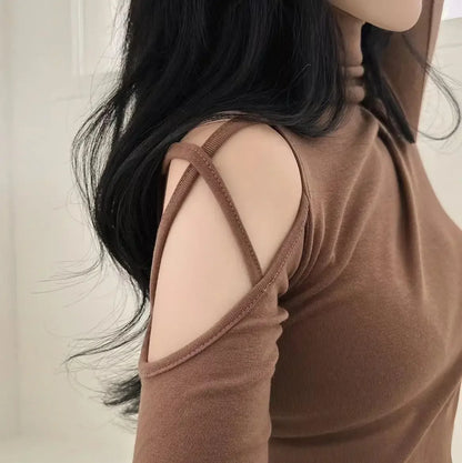 Tops Woman Slim Off Shoulder Sexy Crop Brown Long Sleeve T Shirt for Women Turtleneck Clothing Female Harajuku Fashion Korean