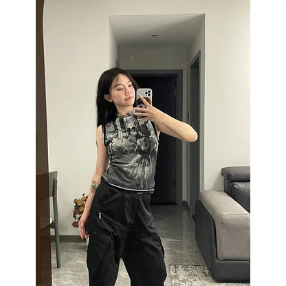 Genayooa Y2k Vintage Tank Tops Women Print Mesh Tops See Through Streetwear Sleeveless Tops Patchwork 2000s Japanese Tee Tops