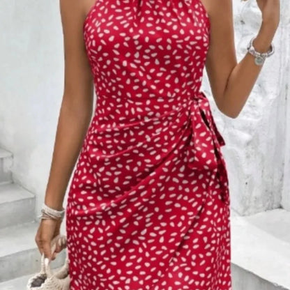 Women's Print Floral Dress Fashion Elegant Sexy Sleeveless Neck-mounted Mini Dresses Lady Summer Casual Beach Party Dress Femmes