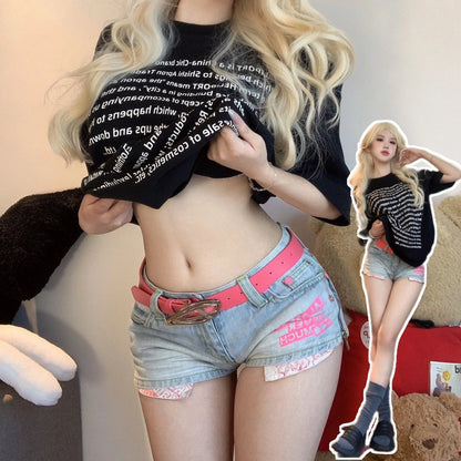 Low Waist Jeans Outdoor Open Crotch Sex Pants Women's Cute Letters Printed Ins Sheath Split Mini Shorts Denim ripped