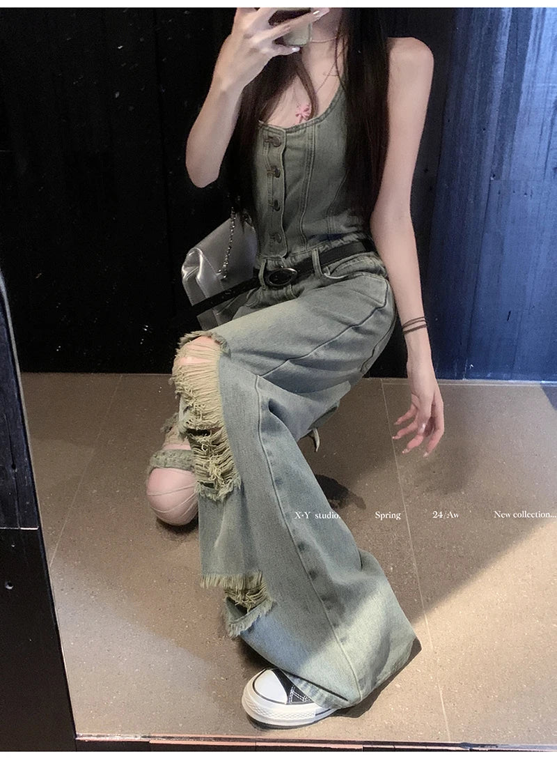 Women's Casual Denim Overalls Vintage Button Down Sexy Backless Holes Hollow Out Ripped Denim Full Pants Female 2024 New Jeans